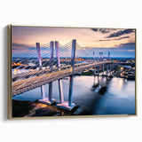 Framed canvas artwork showcasing a modern bridge landscape design with gold accents, ideal for contemporary home decor. This stylish piece adds elegance to any room.