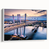 Framed canvas wall art showcasing a serene landscape bridge design, featuring a white frame and side view, ideal for modern home decor and interior design.