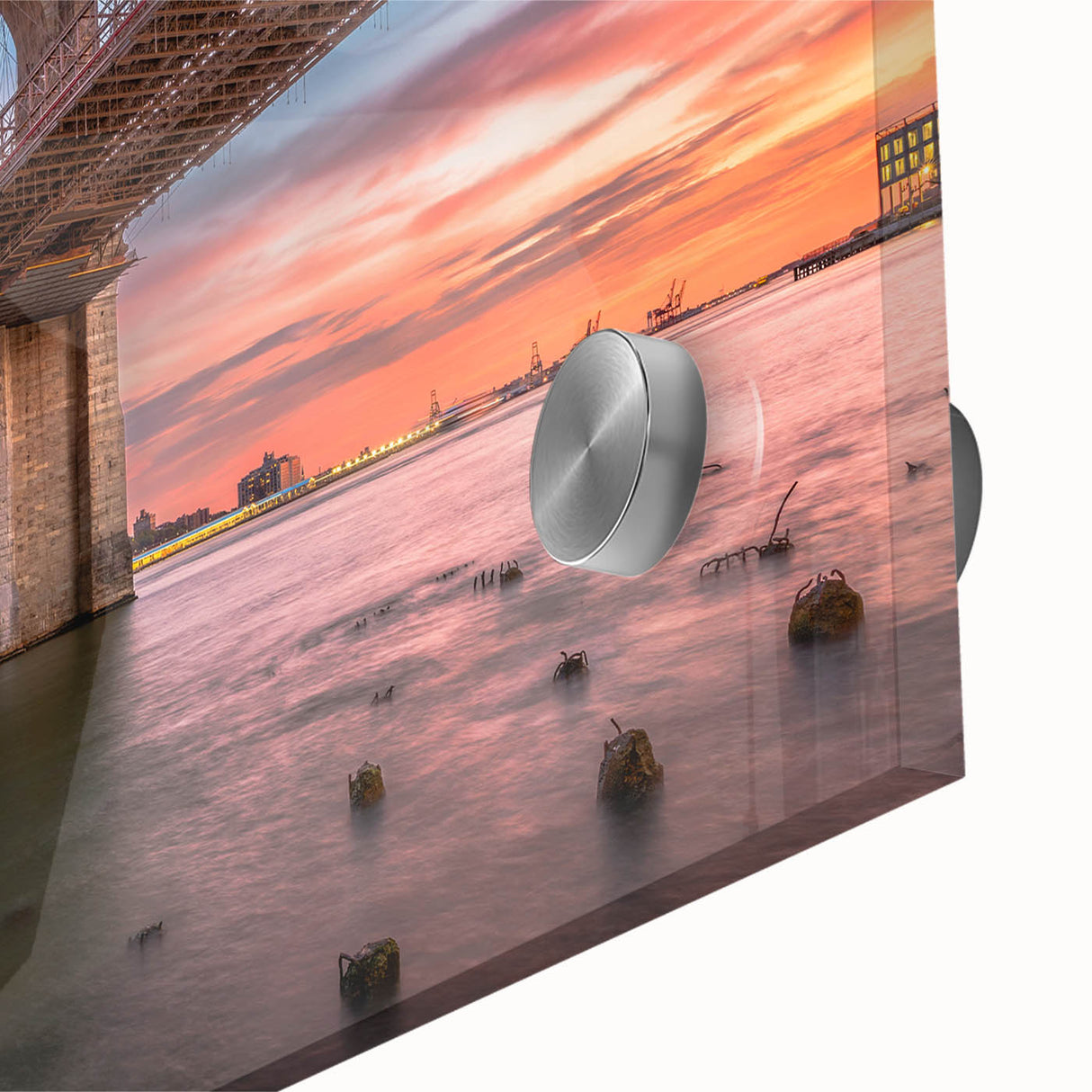 Close-up of a vibrant acrylic wall art piece showcasing a scenic landscape with intricate bridge designs, perfect for home décor and interior design inspiration.