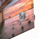 Close-up of a vibrant acrylic wall art piece showcasing a scenic landscape with intricate bridge designs, perfect for home décor and interior design inspiration.