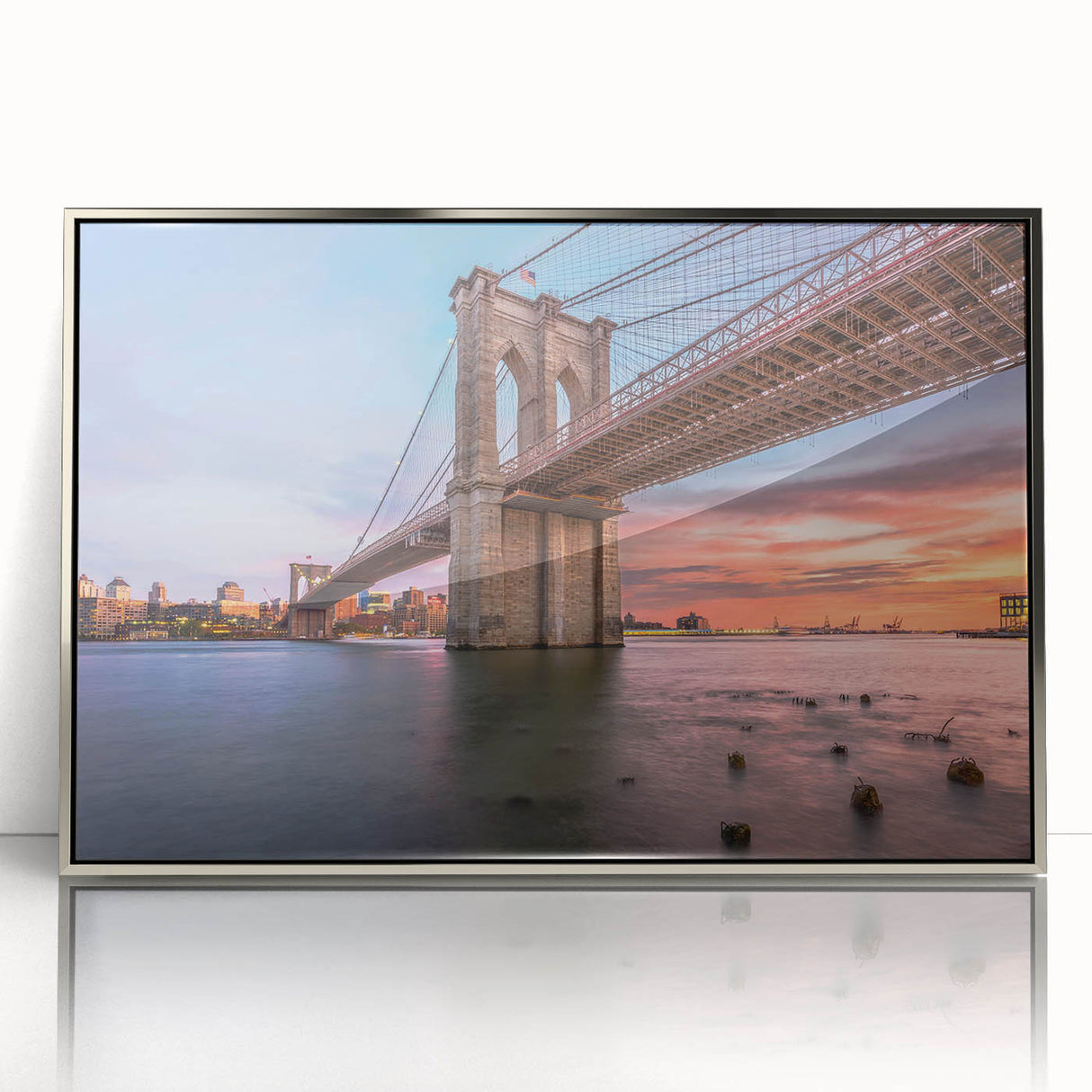 Framed acrylic wall art showcasing a modern landscape bridge design in silver tones, ideal for contemporary home decor. Perfect addition to living spaces.
