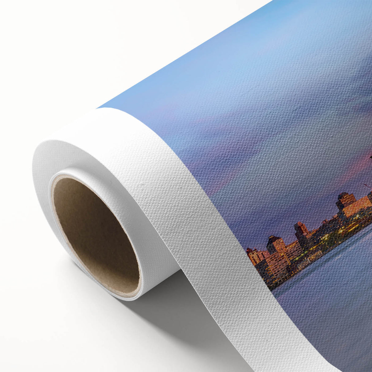 Rolled canvas wall art featuring a vibrant landscape design showcasing a serene bridge over a tranquil river, ideal for home decor. Textured surface enhances visual appeal.
