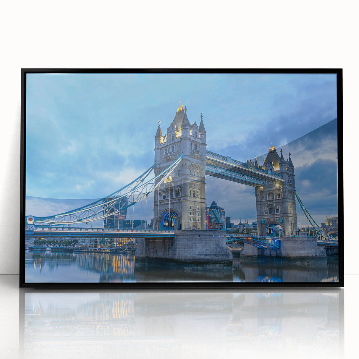 Framed acrylic wall art showcasing a stunning landscape with a bridge, featuring a sleek black frame, perfect for modern home decor. Ideal for enhancing living spaces with a touch of elegance and tranquility.