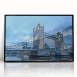 Framed acrylic wall art showcasing a stunning landscape with a bridge, featuring a sleek black frame, perfect for modern home decor. Ideal for enhancing living spaces with a touch of elegance and tranquility.