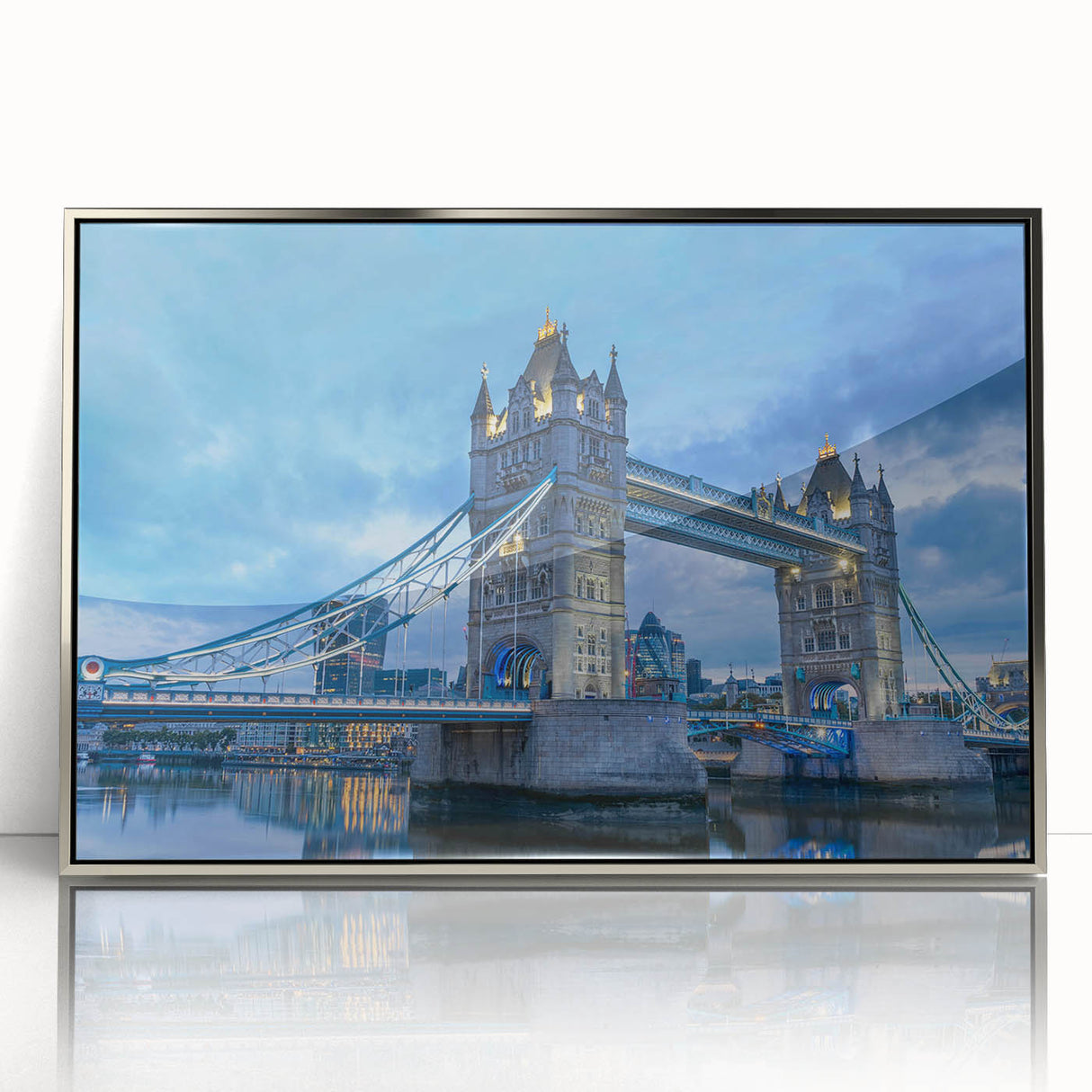 Framed acrylic wall art featuring a stunning landscape bridge design in silver tones, ideal for modern home decor. Perfect for adding elegance to living spaces.