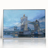 Framed acrylic wall art showcasing a modern bridge landscape design in vibrant colors, presented in a sleek white frame, perfect for contemporary home decor.