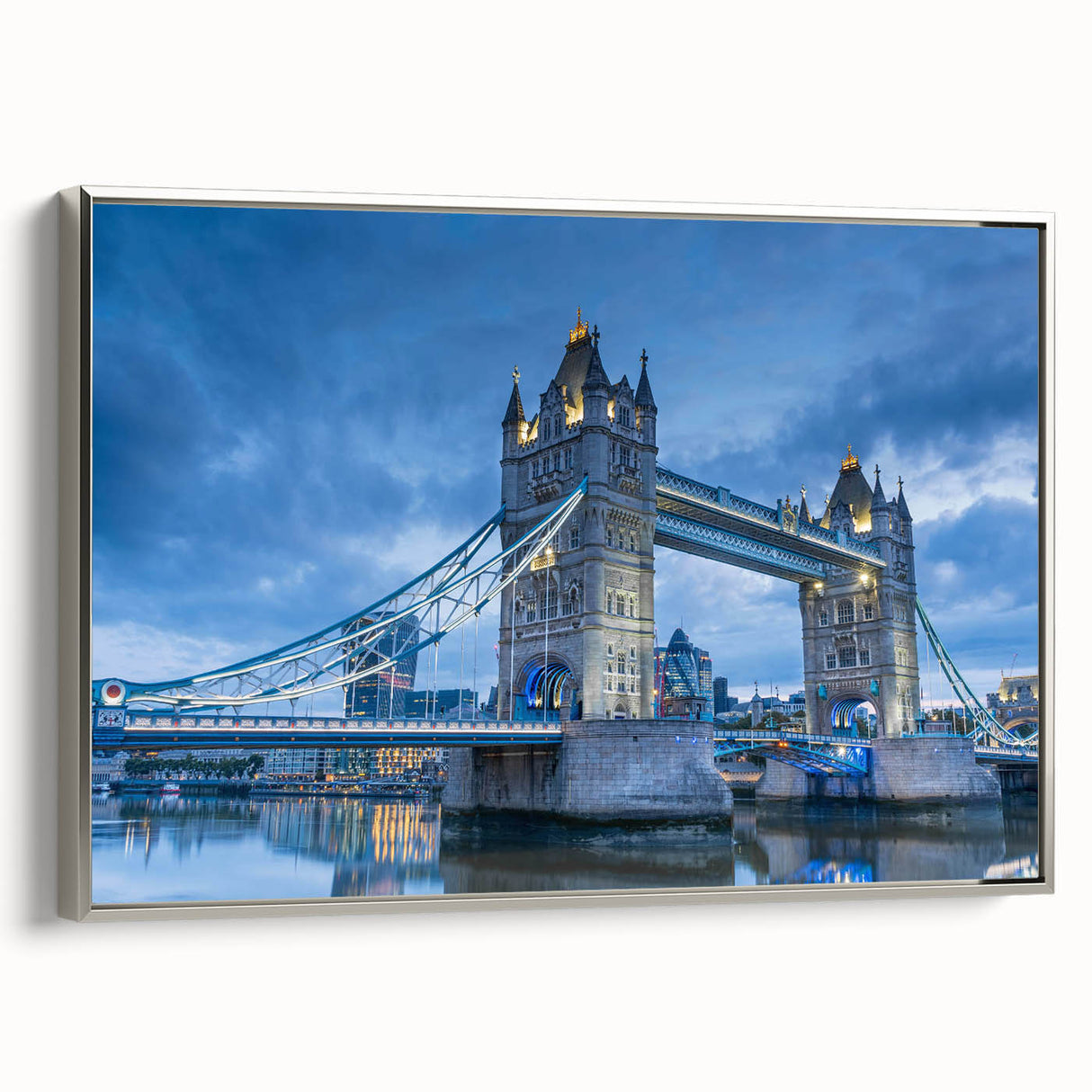 Framed canvas wall art featuring a serene landscape of a bridge, showcasing silver accents and a vibrant color palette, perfect for modern decor.