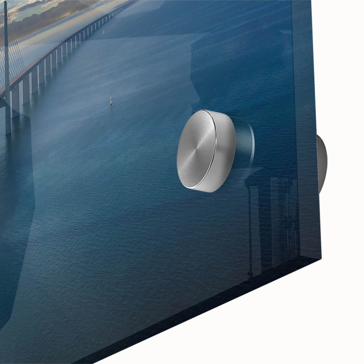 Close-up of a stunning acrylic wall art piece featuring a vibrant landscape with a bridge, showcasing rich colors and intricate details, perfect for modern decor. Ideal for enhancing living spaces or art collections.
