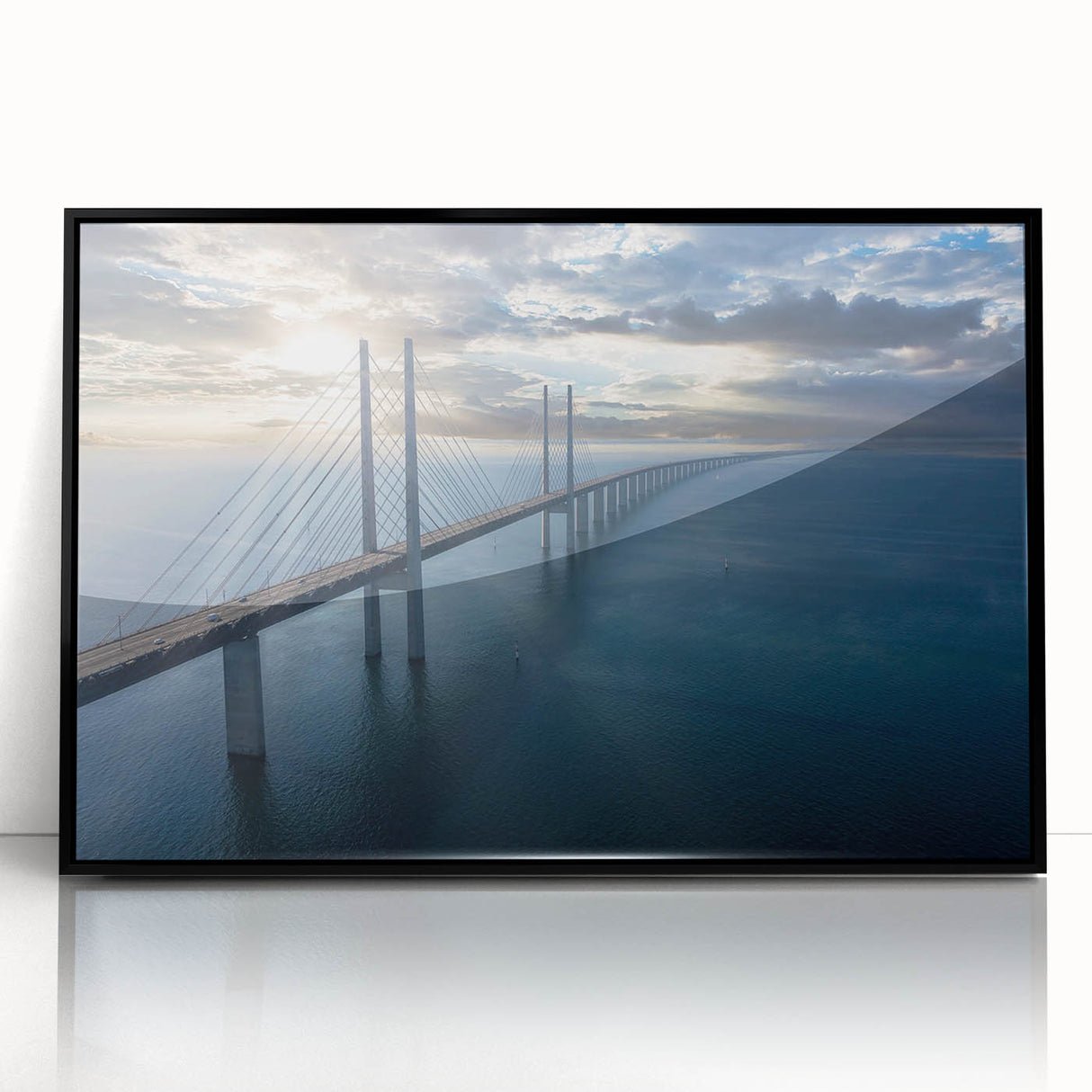 Framed acrylic wall art showcasing a serene landscape bridge design, featuring rich colors and modern aesthetics, ideal for enhancing home decor.