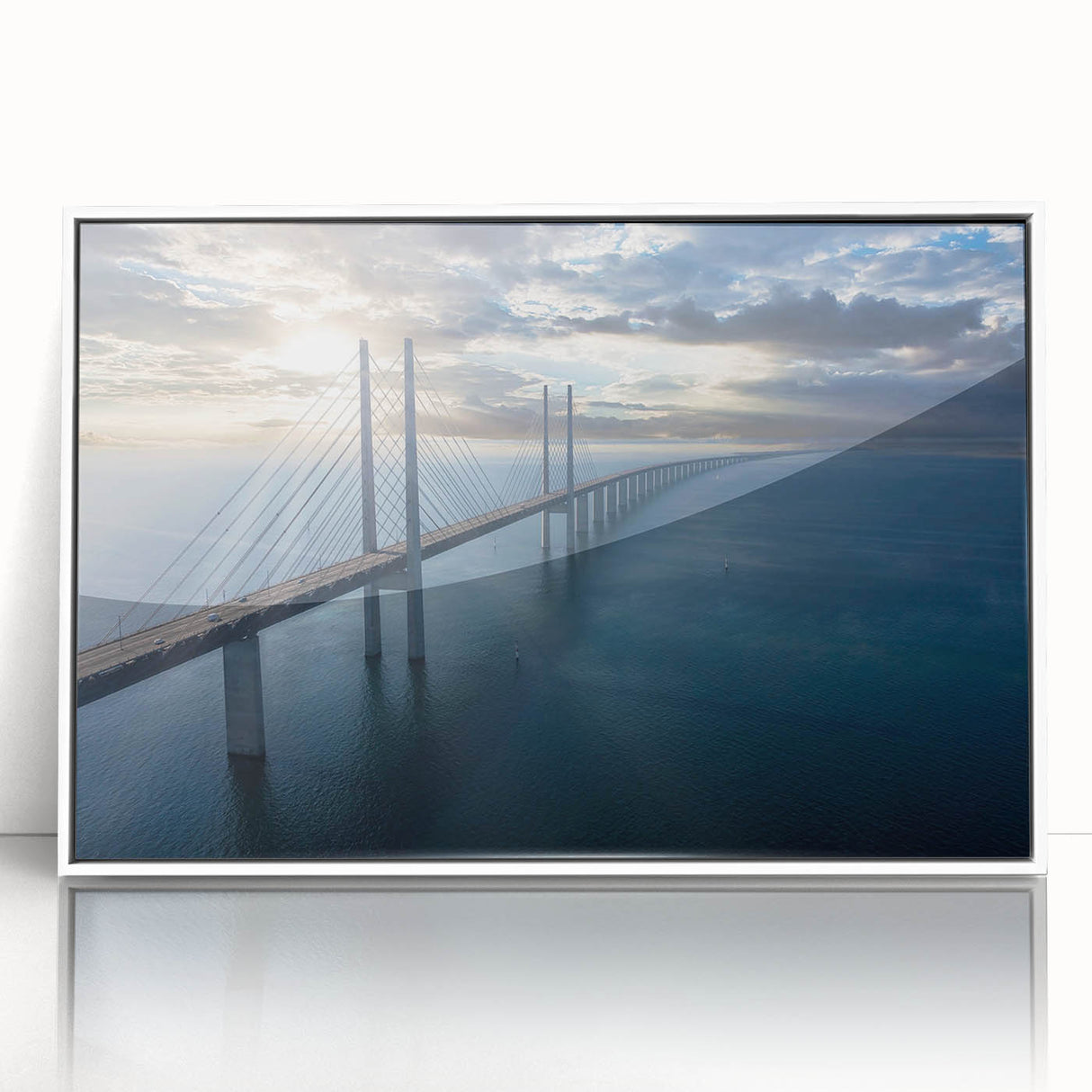 Framed acrylic wall art showcasing a serene landscape with a bridge, featuring soft blues and greens. Ideal for modern home decor, enhancing any living space.