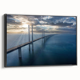 Framed canvas wall art showcasing a stunning landscape with a bridge, designed in a modern style, featuring vibrant colors and a sleek black frame, ideal for home decor.