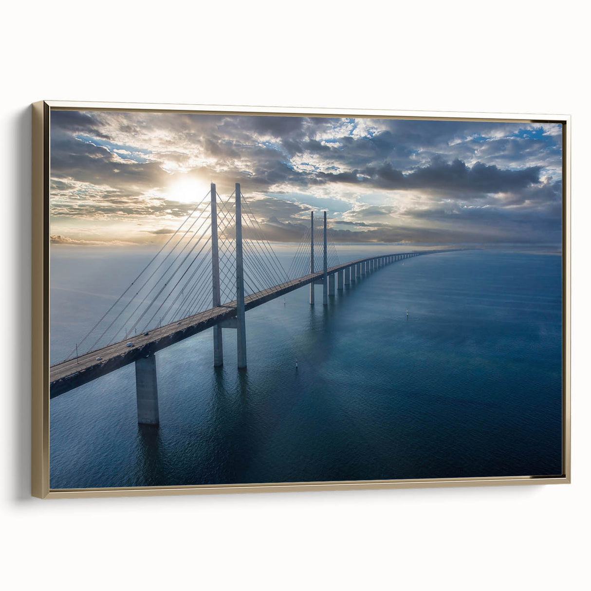 Framed canvas wall art showcasing a modern landscape bridge design, featuring gold accents and a side view perspective, perfect for contemporary home décor.