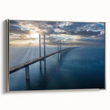 Framed canvas wall art showcasing a stunning landscape with a bridge, featuring silver accents and a modern design, perfect for home decor.