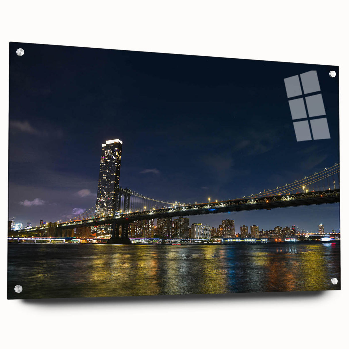 Acrylic glass wall art featuring a modern landscape bridge design, displayed in a side view with decorative pins, perfect for contemporary home decor.