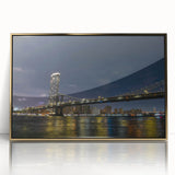 Framed wall art featuring a stunning landscape with bridges, designed in elegant gold accents. The acrylic surface enhances the vibrant colors, perfect for modern decor.