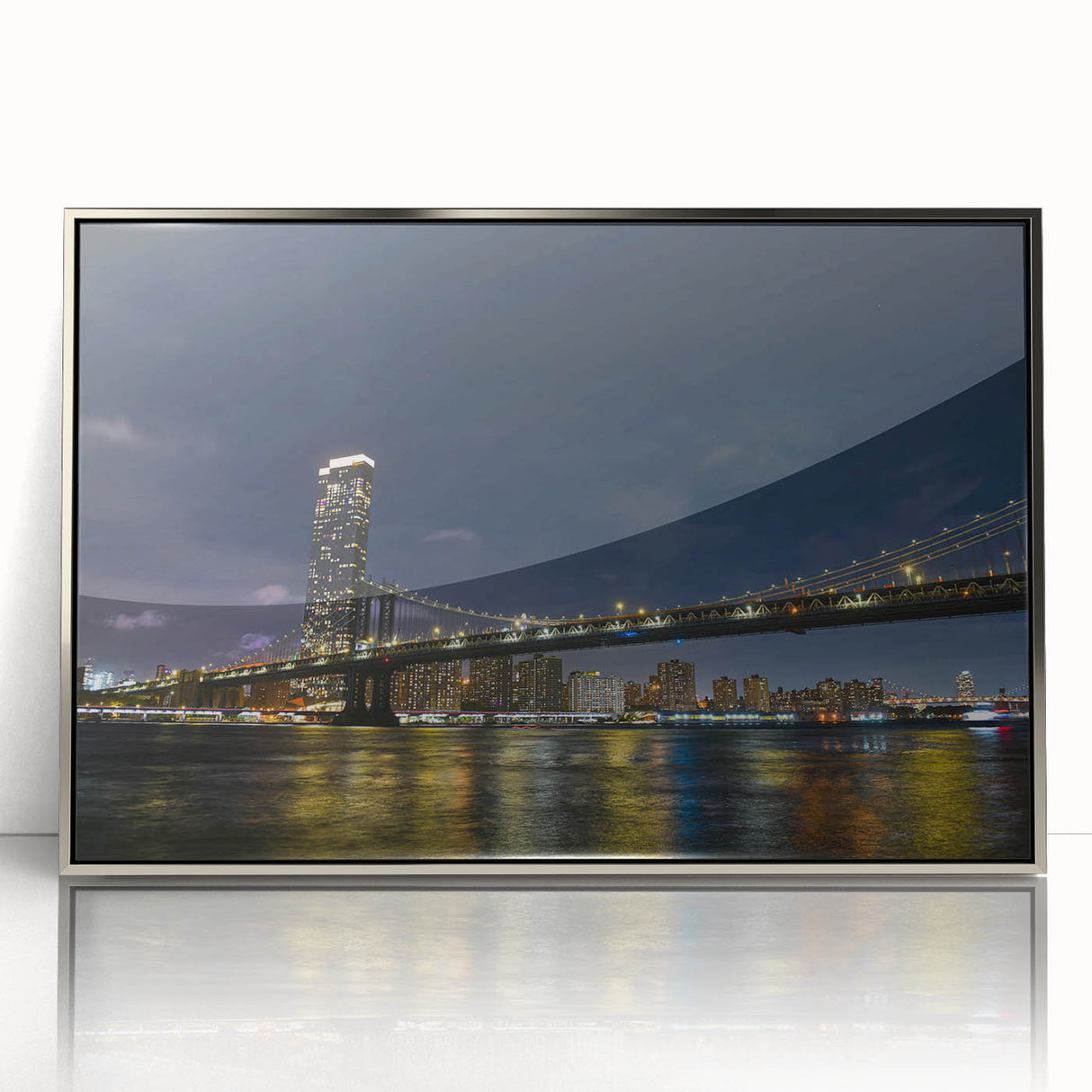 Framed wall art collection showcasing a silver-accented landscape bridge design, presented in a sleek acrylic frame, perfect for modern home decor.
