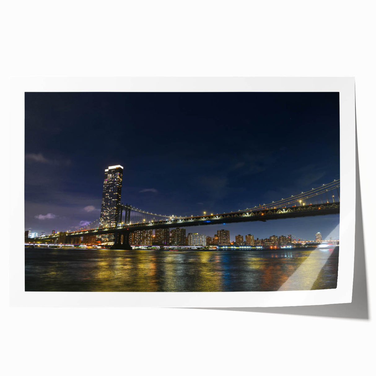 Vibrant landscape wall art featuring a serene bridge over a river, printed on high-quality rolled canvas, perfect for home decor or office settings.