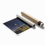 Vibrant landscape wall art print featuring a serene bridge scene over a tranquil river, showcasing lush greenery and a clear blue sky, ideal for home decor.