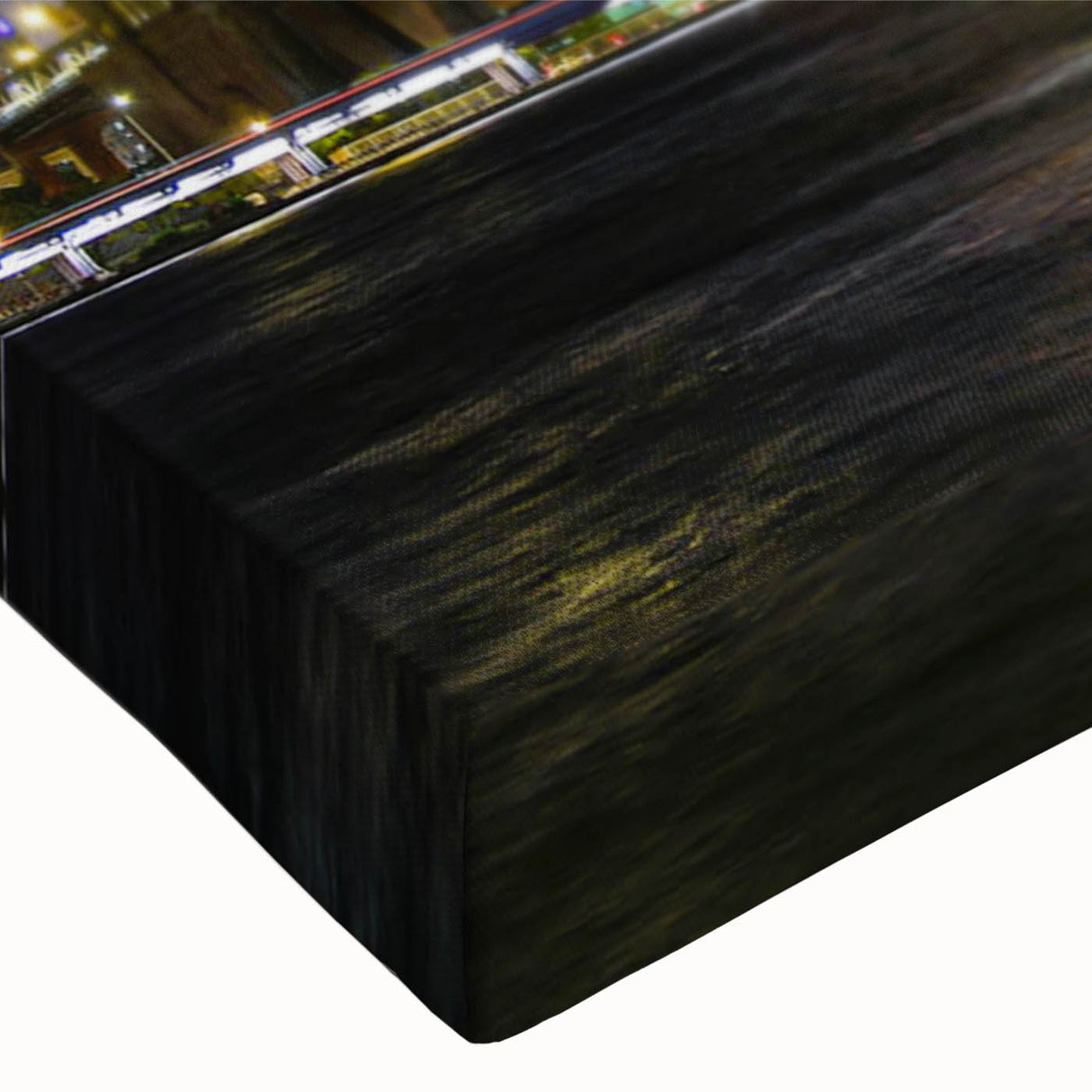 Close-up view of a stretched canvas showcasing a vibrant landscape bridge design with rich colors and intricate details, ideal for enhancing modern home decor.