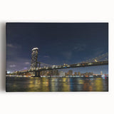 Stretched canvas wall art featuring a serene landscape with a modern bridge design, showcasing vibrant colors and intricate details, perfect for home decor.