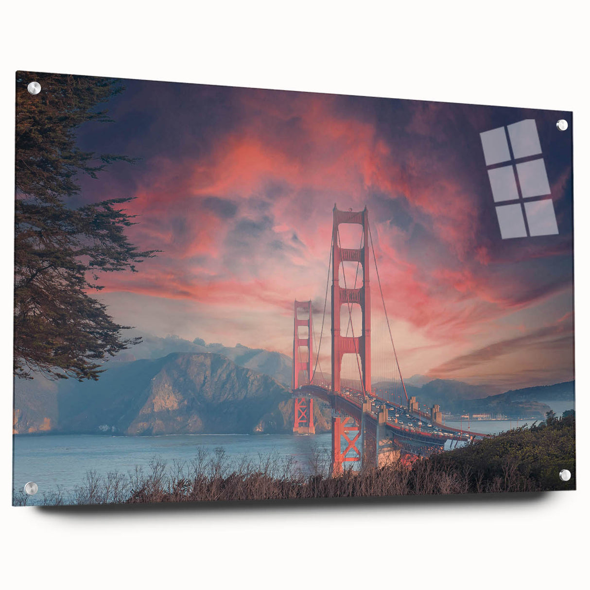 Acrylic glass wall art featuring a modern landscape design with a bridge, displayed from the side with pins, showcasing vibrant colors and intricate details for home decor.