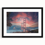 Framed wall art depicting a serene landscape bridge design, featuring a black frame and matting, ideal for modern home decor. Perfect for adding a touch of elegance to living spaces.