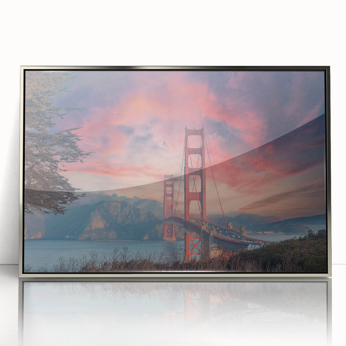 Framed wall art featuring a vibrant landscape bridge design in silver acrylic, showcasing intricate details and a modern aesthetic, ideal for home decor.