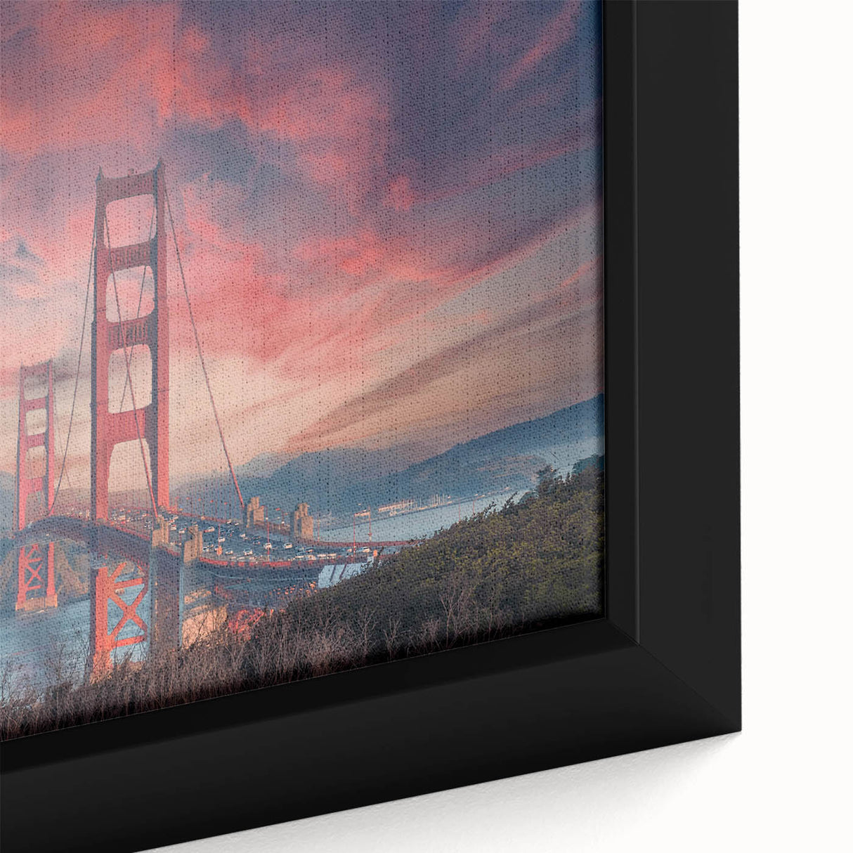 Close-up of a framed landscape wall art piece showcasing a picturesque bridge over a serene river, featuring vibrant colors and intricate details, ideal for home decor.