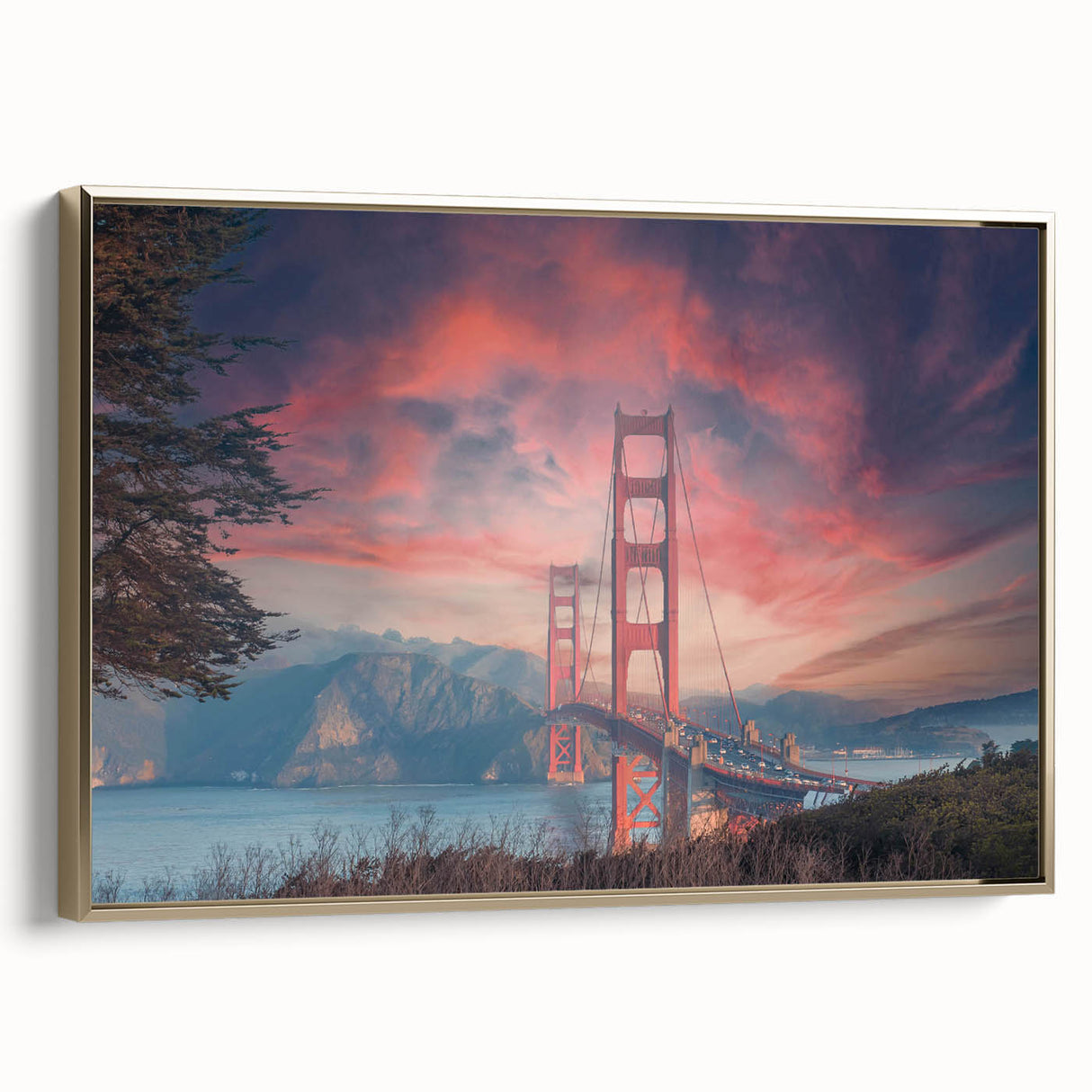 Framed canvas wall art displaying a stunning landscape scene with a bridge under a golden sunset, elegantly designed for home decor. The artwork features rich colors and intricate details, making it a captivating centerpiece for any room.