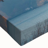 Close-up of a stretched canvas wall art piece showcasing a vibrant landscape bridge design, featuring rich colors and intricate details perfect for home decor.