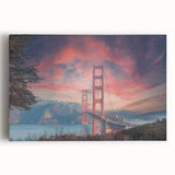 Stretched canvas artwork showcasing a vibrant landscape scene with a bridge, featuring rich colors and intricate details, perfect for home decor.