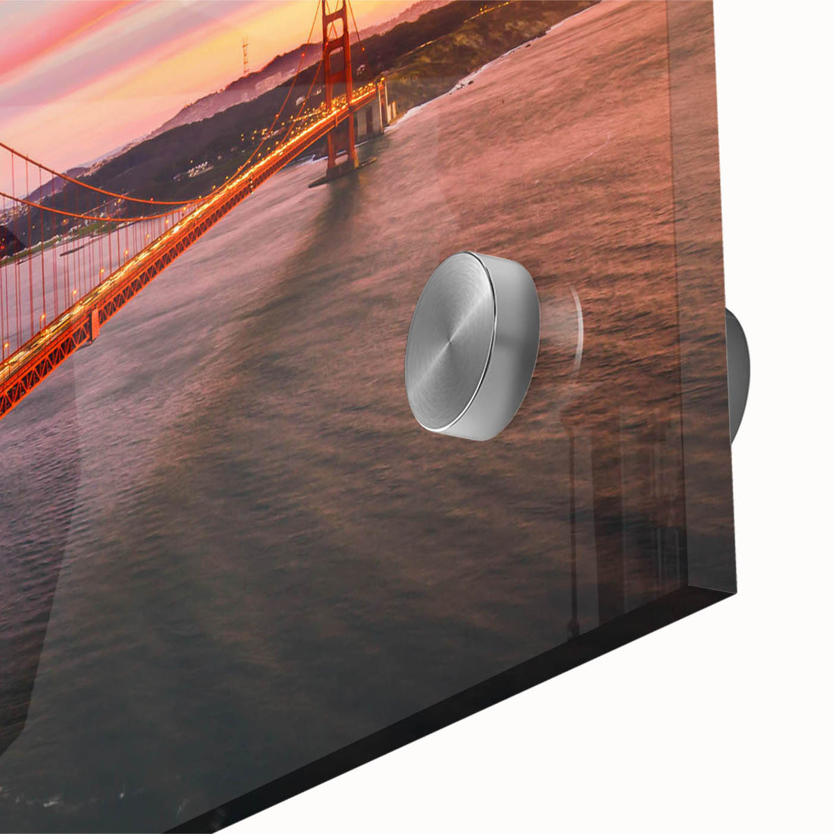Close-up of a stunning acrylic glass wall art piece featuring a vibrant landscape bridge design, showcasing intricate details and rich colors, perfect for modern home decor.