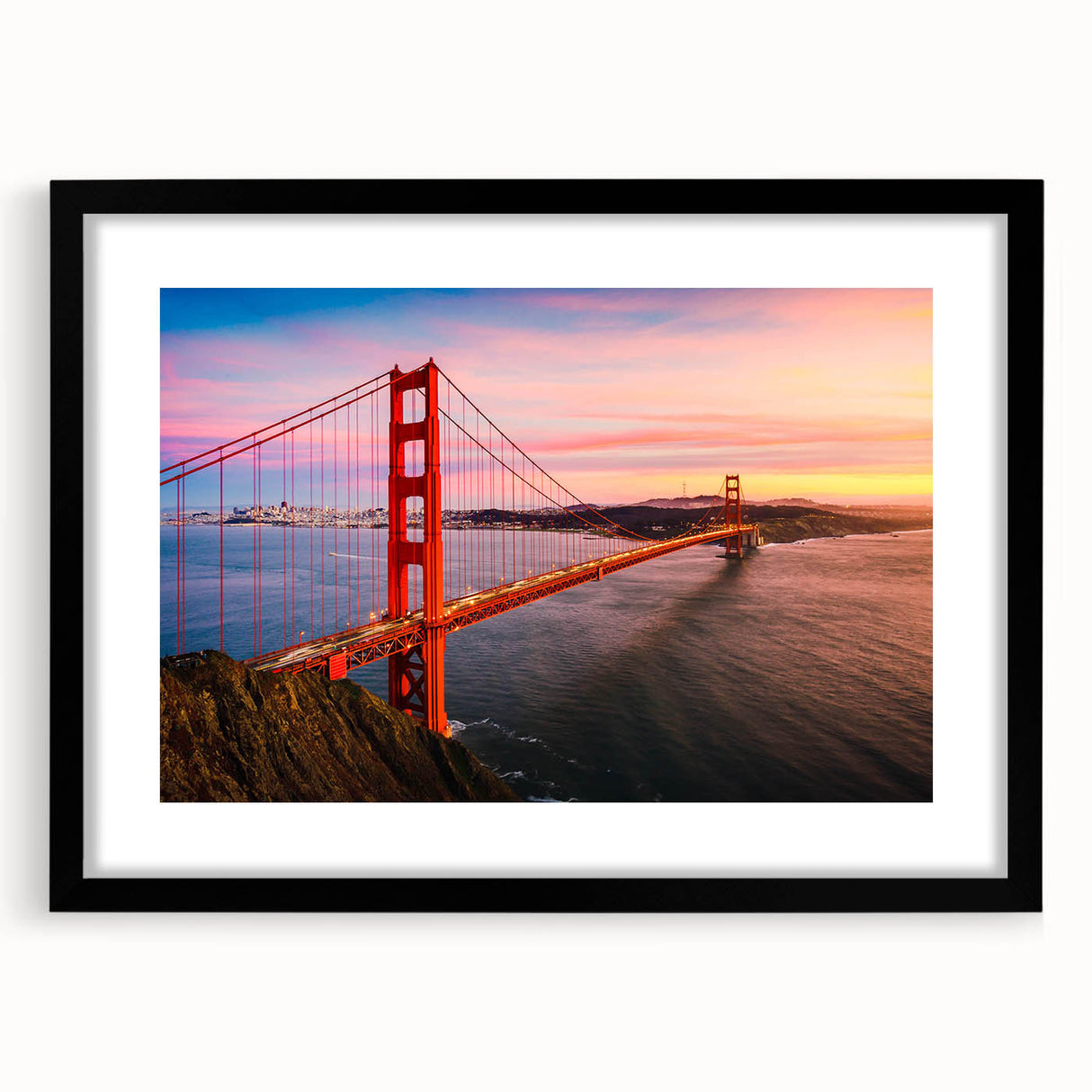 Framed wall art featuring a modern landscape design with bridges, showcasing a black frame and matting, ideal for contemporary home decor.