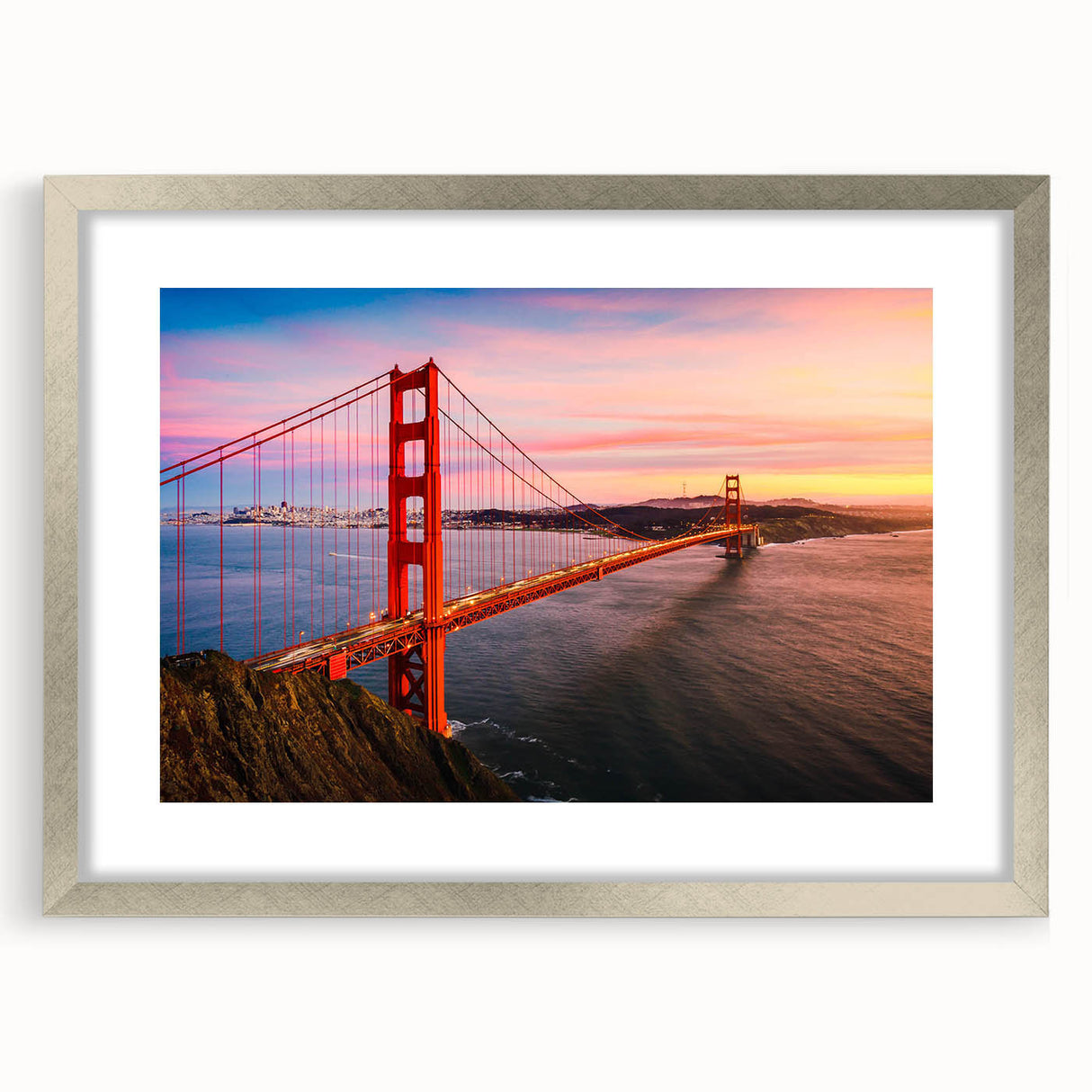 Framed wall art featuring a serene landscape design with bridges, displayed in a stylish silver frame with a mat, ideal for enhancing home decor.