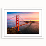 Framed landscape wall art showcasing a serene bridge over a tranquil river, with a white mat and frame, perfect for home decor and interior design aesthetics.