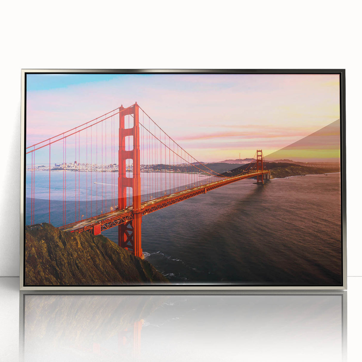 Framed acrylic wall art featuring a modern landscape design with silver accents, showcasing a bridge over a serene river, ideal for contemporary home decor.