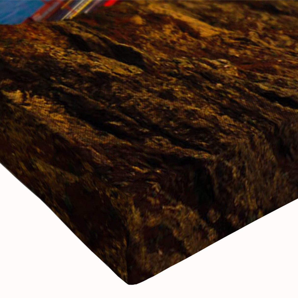 Close-up of a stretched canvas wall art piece showcasing a vibrant landscape bridge design, featuring rich colors and intricate details, perfect for home decor.