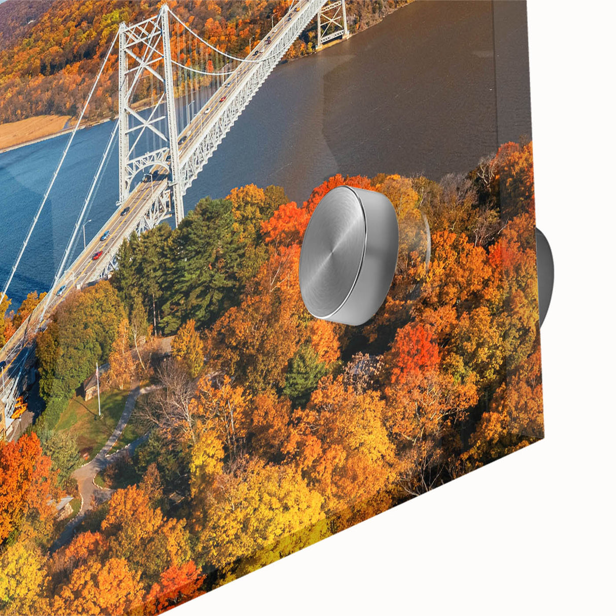 Close-up of a vibrant acrylic landscape wall art piece featuring a bridge over water, showcasing rich colors and intricate details, ideal for home decor.