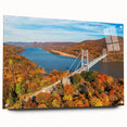 Acrylic glass wall art design showcasing a vibrant landscape with bridges, displayed in a side view with decorative pins, ideal for modern home decor.