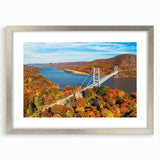 Framed wall art featuring a picturesque landscape with a bridge design, presented in a sleek silver frame with a mat, ideal for home decor and interior design enthusiasts.