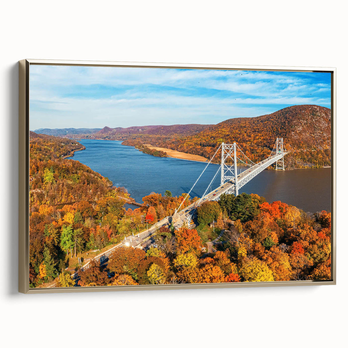 Framed canvas wall art showcasing a stunning landscape bridge design with a gold frame, ideal for enhancing modern home decor and adding elegance to any room.