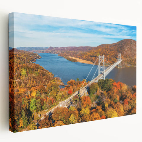 Stretched canvas wall art featuring a picturesque landscape with a modern bridge, showcasing vibrant colors and intricate details, perfect for home decor.