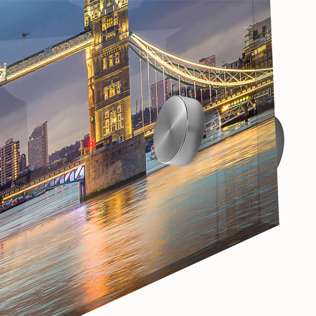 Close-up view of a vibrant acrylic glass wall art piece showcasing a stunning landscape and bridge design, perfect for modern home decor. Ideal for art enthusiasts.
