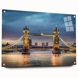 Close-up view of a landscape wall art piece showcasing a modern bridge design, printed on acrylic glass with vibrant colors, ideal for contemporary home decor.