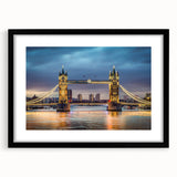 Framed wall art featuring a serene landscape with a bridge, designed with a black frame and mat, ideal for home decor and interior design enhancement.