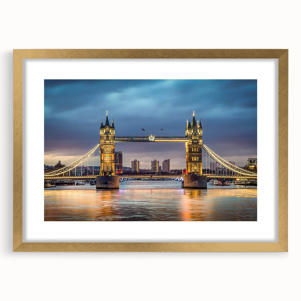 Gold-framed wall art featuring a serene landscape bridge design, elegantly matted for a sophisticated display. Perfect for enhancing home decor with nature-inspired aesthetics.