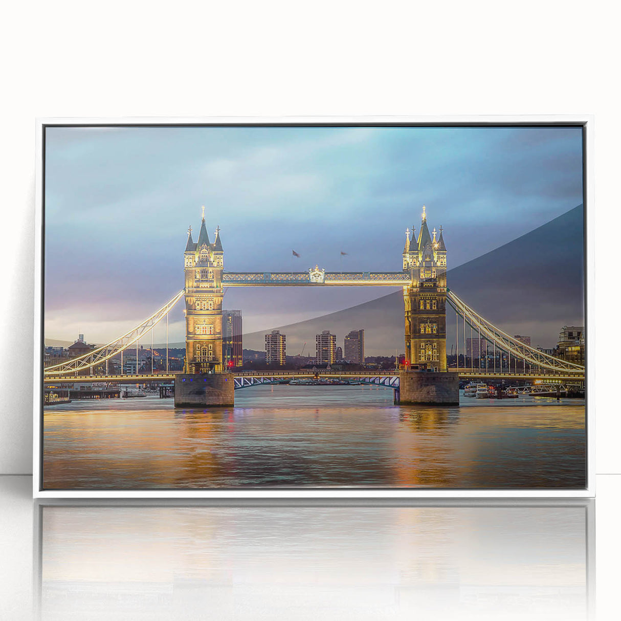 Framed acrylic wall art featuring a serene landscape with a bridge, designed to enhance modern decor; presented in a sleek white frame for an elegant touch.