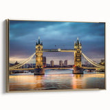 Framed canvas wall art showcasing a modern bridge landscape design in gold tones, enhancing contemporary decor with an elegant side view, perfect for home styling.