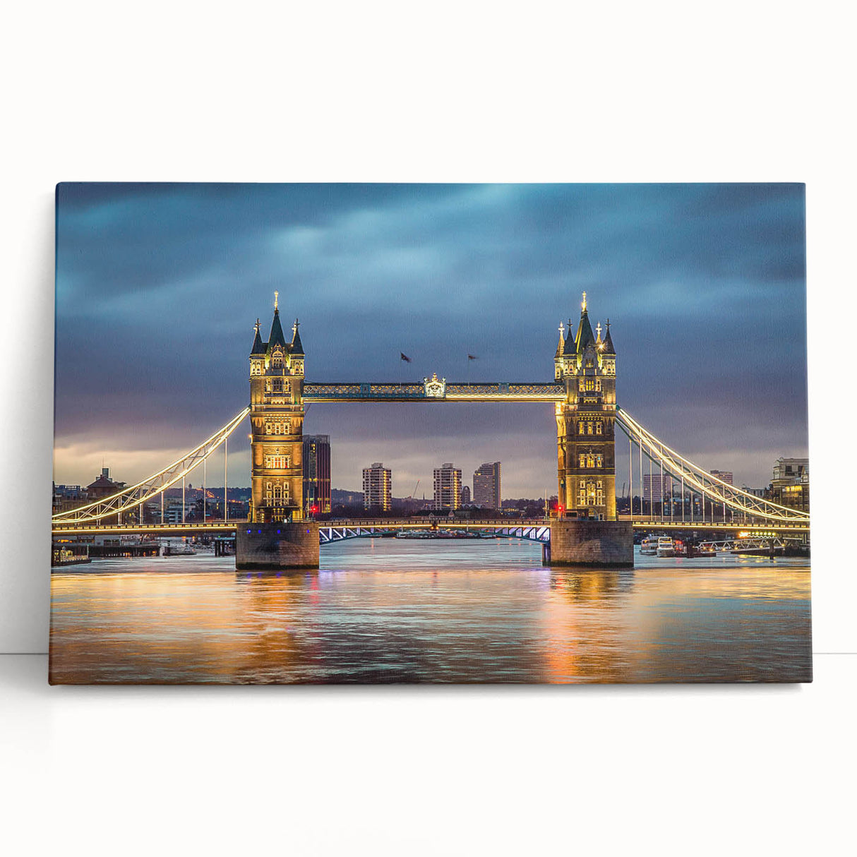 Stretched canvas wall art showcasing a serene landscape with a bridge over a calm river, featuring vibrant colors and intricate details, perfect for home decor.