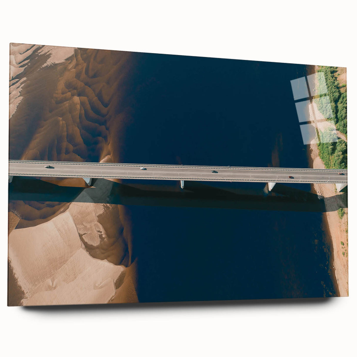 Side view of an acrylic glass wall art piece showcasing a vibrant landscape bridge design, perfect for modern decor; highlights colors and intricate details.